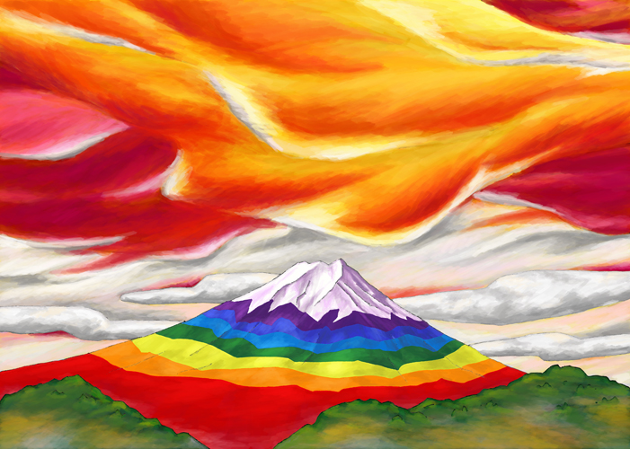 赤とオレンジに囲まれたレインボー富士 / Rainbow-colored Mt. Fuji surrounded by red and orange